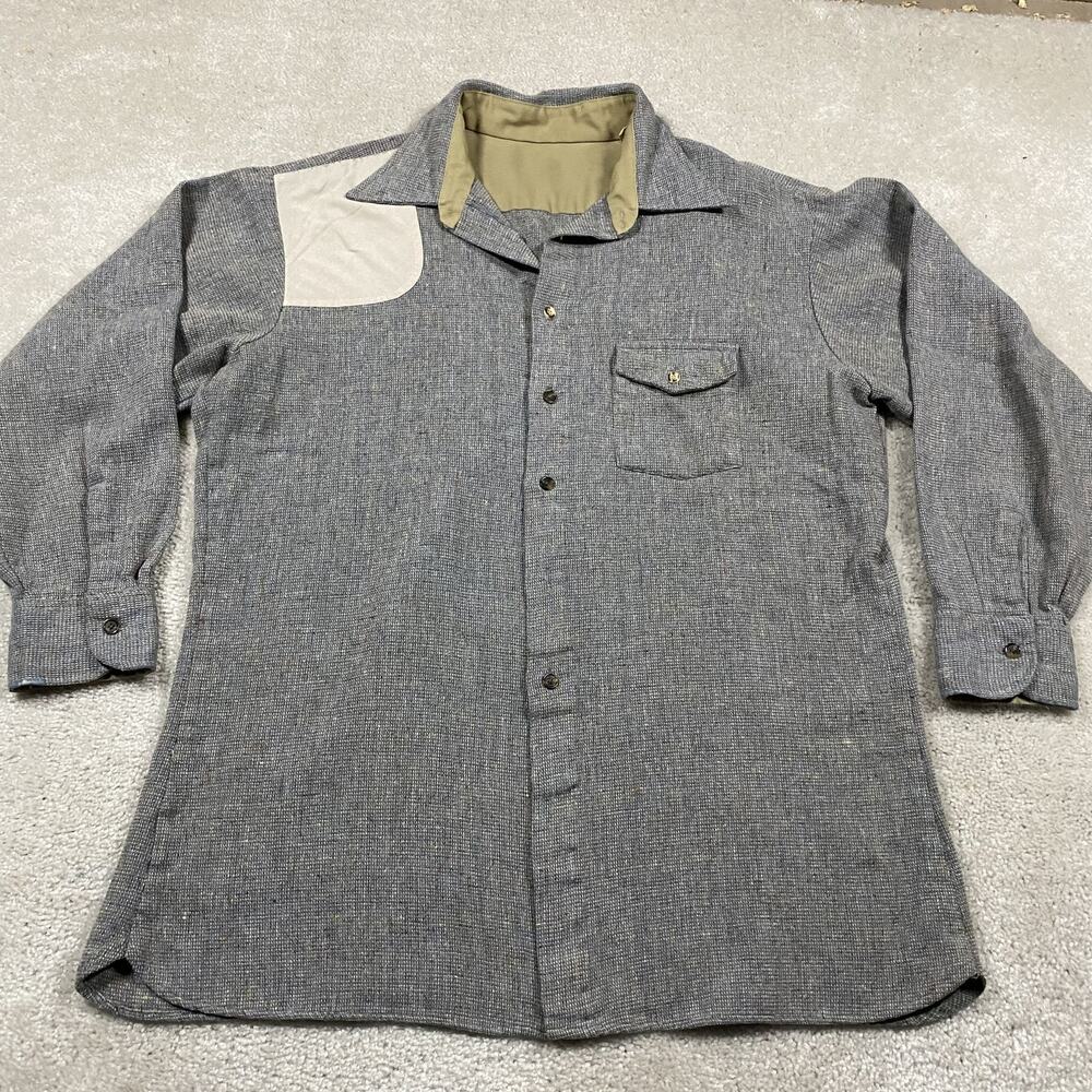 VTG Shooting Hunting Shirt Mens L Gray Flecked Shoulder Patch Workwear 70s Retro